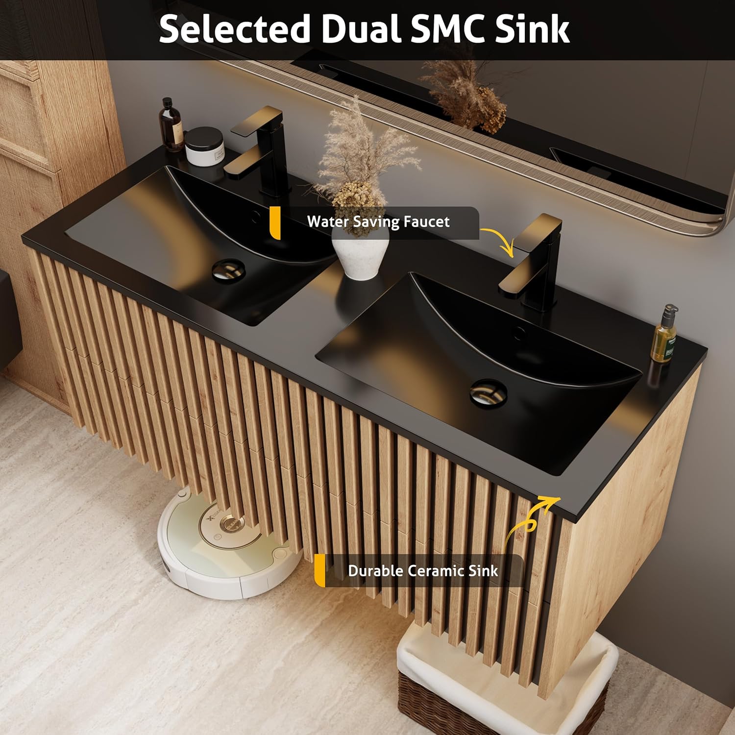 eclife 48" Floating Bathroom Vanity with Sink Combo, Modern Wall Mounted Cabinet with 4 Fluted Drawers, Undermount Black Sink, Faucet, Drain, Mixed Natural