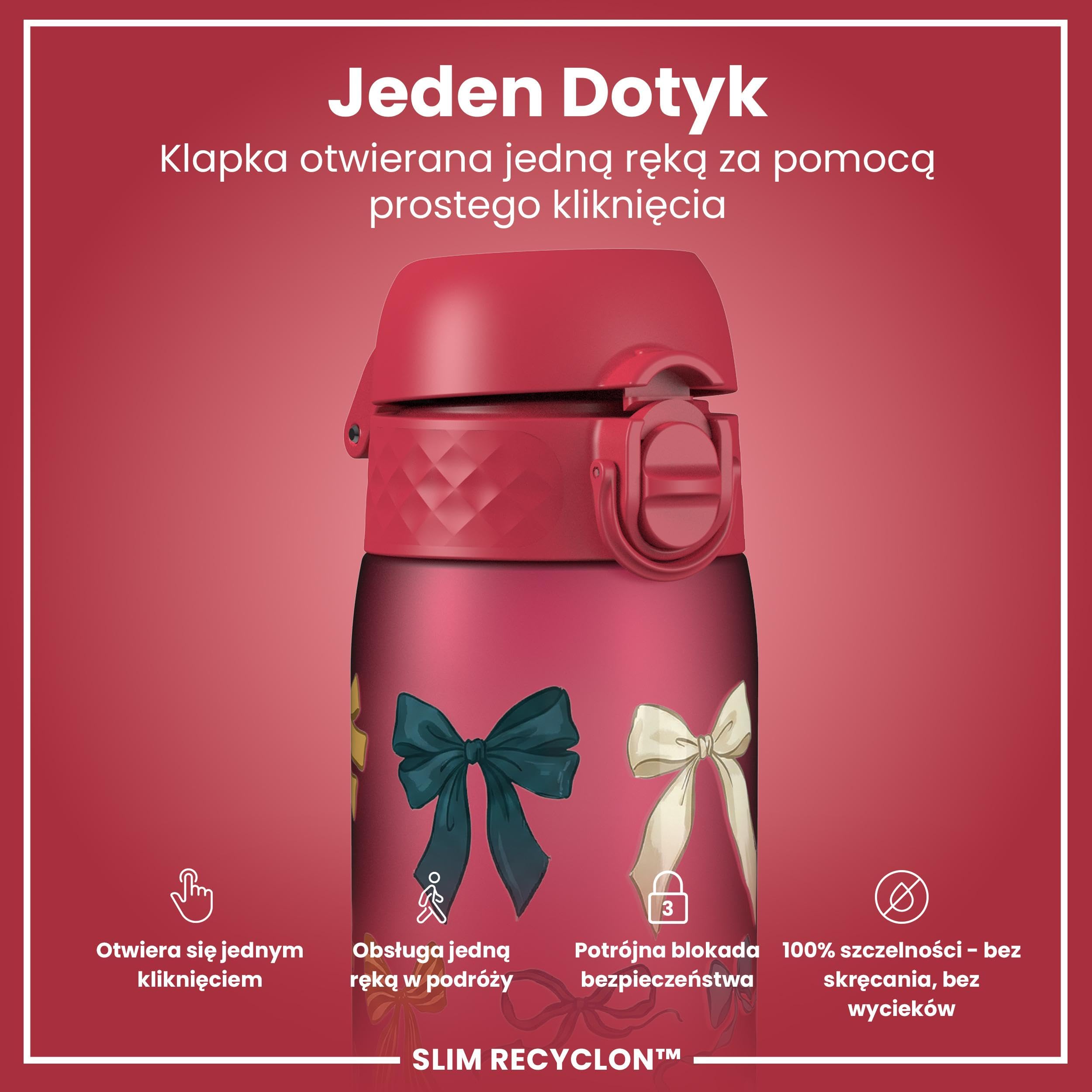 ION8 Butelka na Wodę, 500 ml/18 oz, Szczelna, Łatwe Otwieranie, Bezpieczny Zamek, Można Myć w Zmywarce, Bez BPA, Higieniczne Pokrycie, Uchwyt do Przenoszenia, Łatwa Czyszczenie, Kokardy