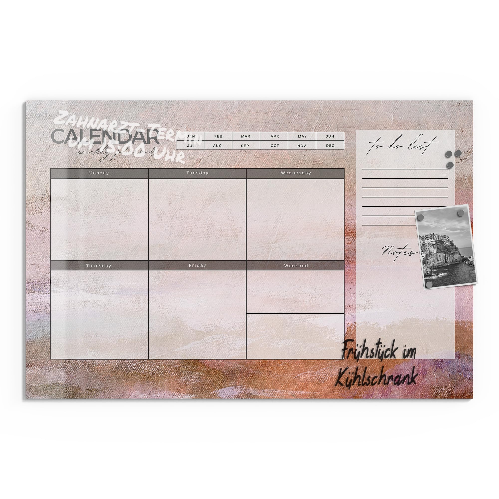 DEQORI Lavagna magnetica in vetro | 90 x 60 cm | motivo "Agenda settimanale Art (EN)" | Lavagna magnetica con magneti, penna e panno per cucina e ufficio, lavagna magnetica e scrivibile