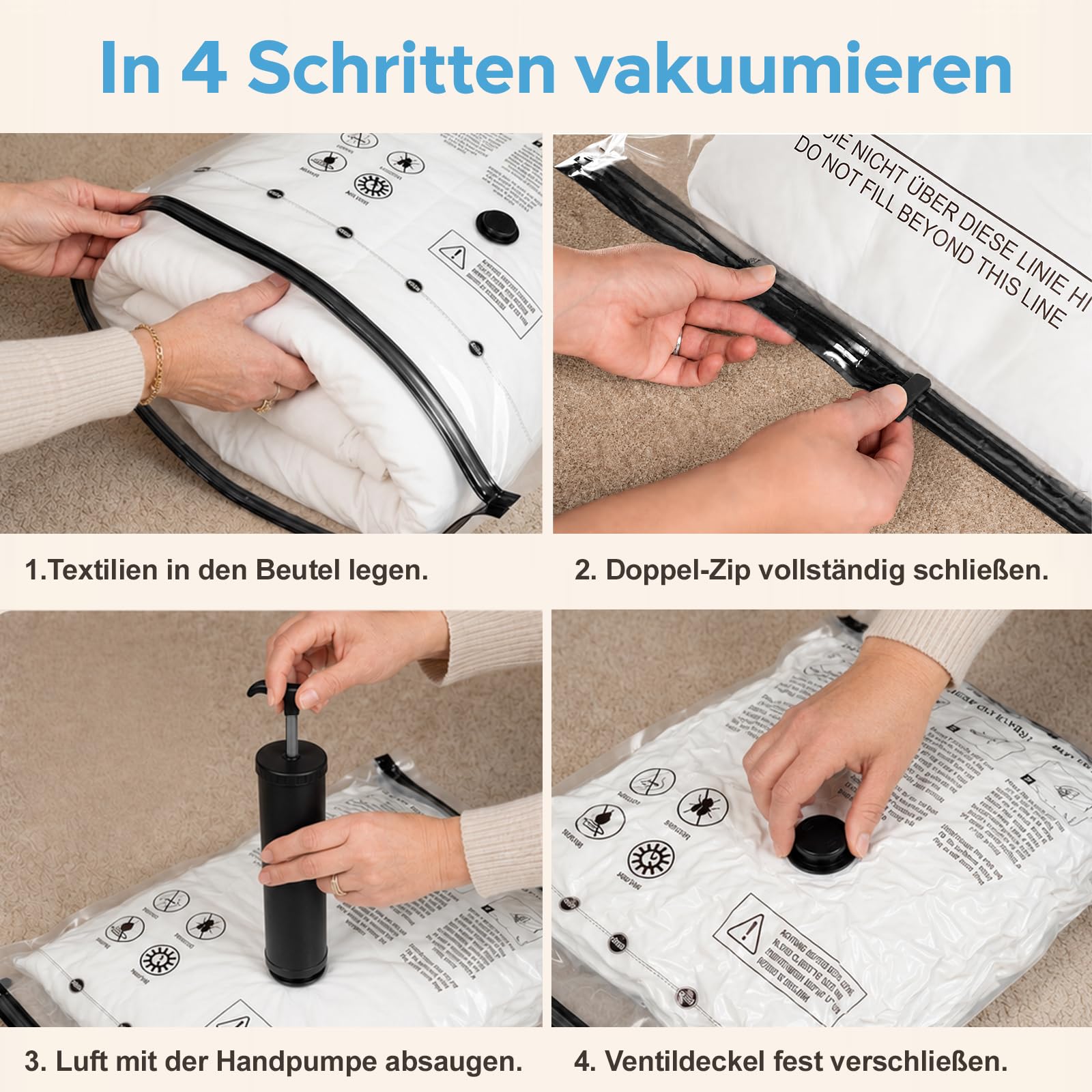20 Stück Vakuumbeutel für Kleidung mit Handpumpe, 5 Größen, Familien-Set