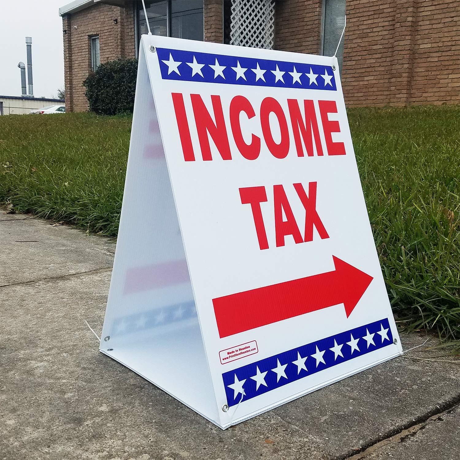 ❤ Crazy Deals INCOME TAX w/ Directional Arrow Sandwich Board 18 x 24 Red & Blue on White Sign printed 2-Sides Signage Kit
