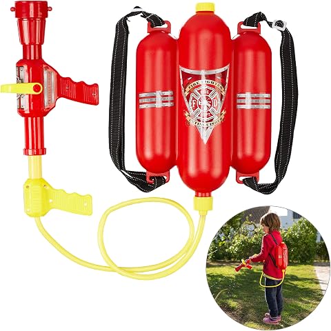 Relaxdays Fucile ad Acqua da Pompieri, Serbatoio da 2,5 L, Gittata di 5 m, Zaino Antincendio per Bambini, Rosso-Giallo