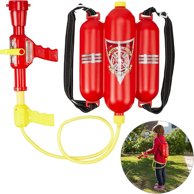 Relaxdays Fucile ad Acqua da Pompieri, Serbatoio da 2,5 L, Gittata di 5 m, Zaino Antincendio per Bambini, Rosso-Giallo