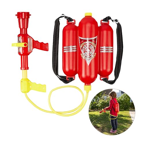 Relaxdays Pistola de Agua Bombero, Mochila con Depósito de 2,5 l, 5 m, Extintor Juguete Niños, ABS, 1 Ud
