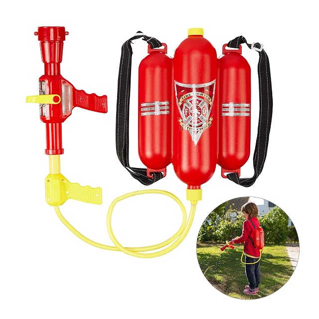 Relaxdays Pistola de Agua Bombero, Mochila con Depósito de 2,5 l, 5 m, Extintor Juguete Niños, ABS, 1 Ud