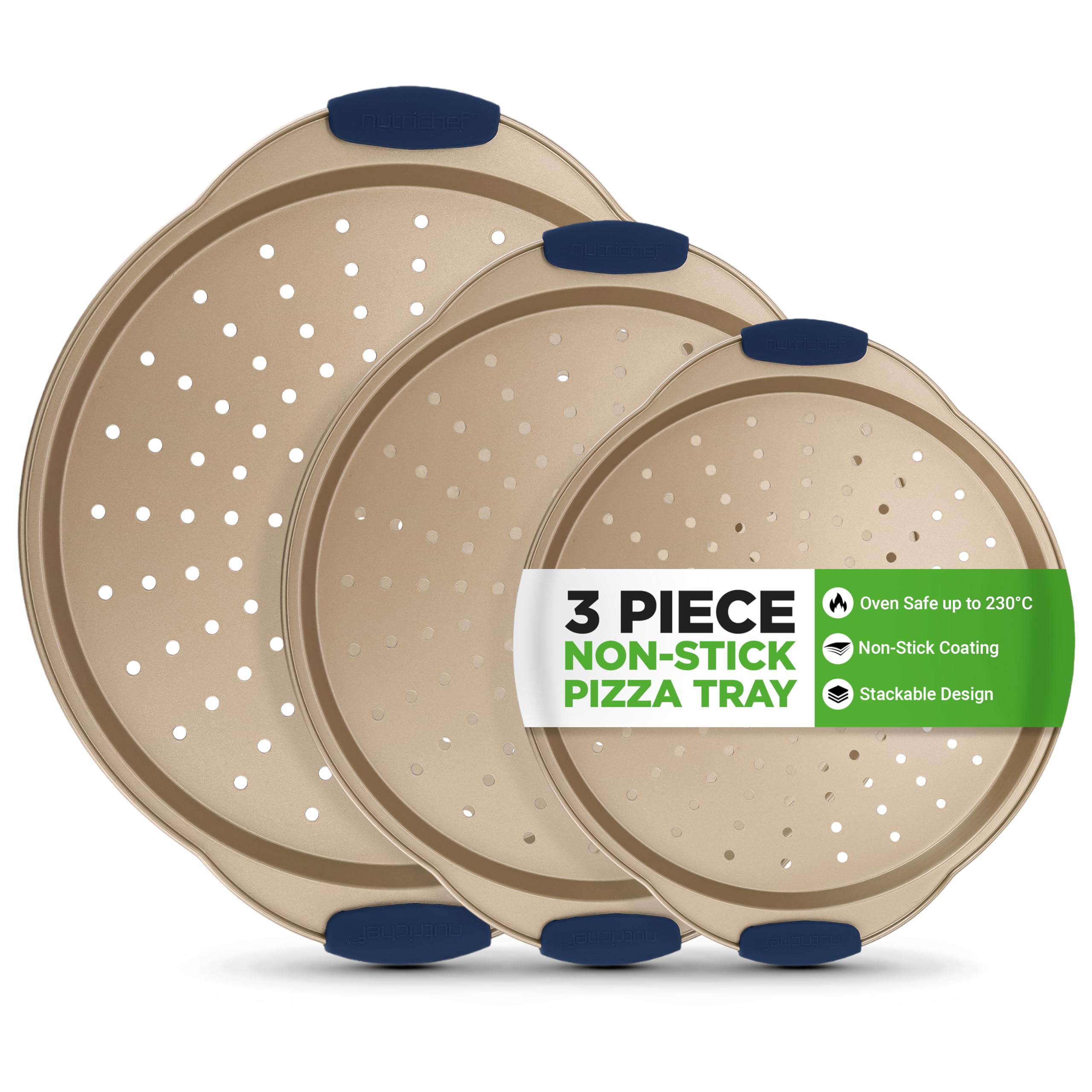 NutriChef 3-Piece Pizza Tray Set with Silicone Handles - Round Nonstick Pizza Pan with Perforated Holes, Durable Carbon Steel, Small, Medium, Large Sizes - Ideal for Crispy, Evenly Baked Pizzas (Gold)
