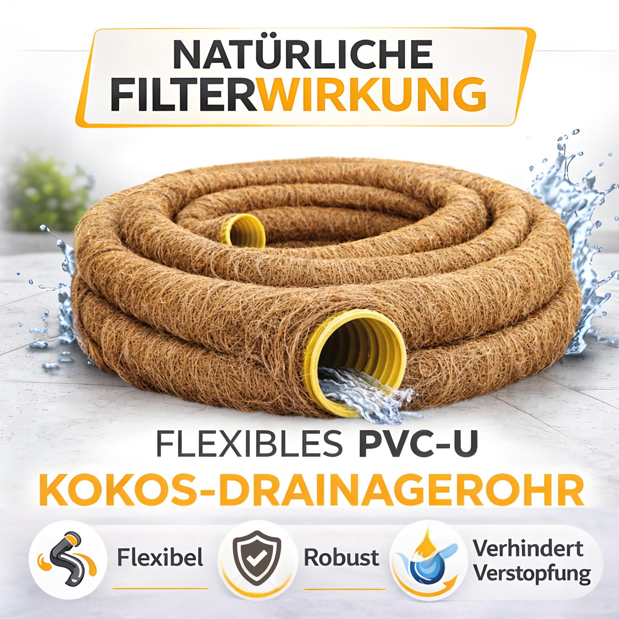 Tubo de drenaje DN 50 perforado con filtro de coco, de la marca Doubleyou Geovlies & Baustoffe®