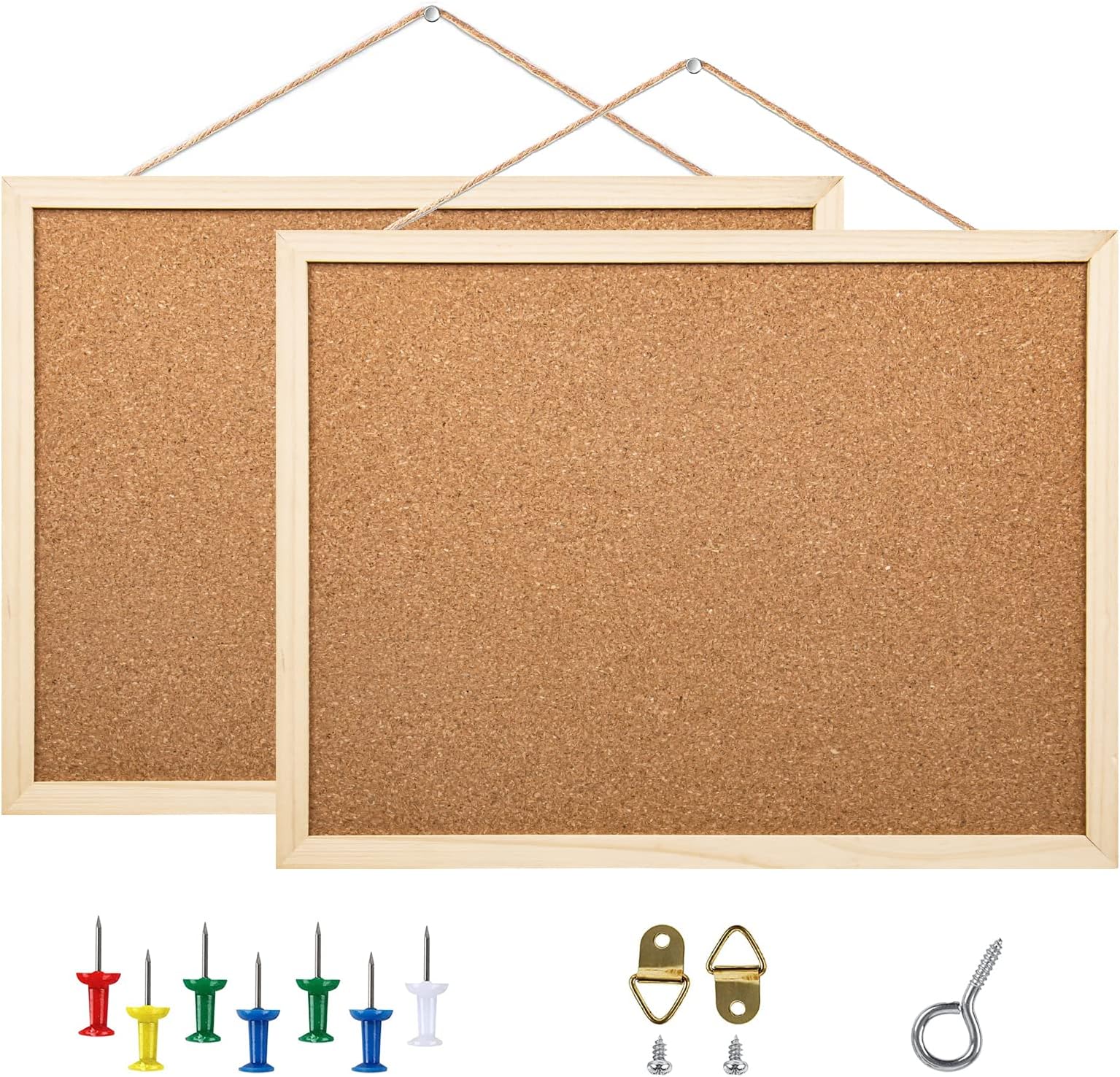 GDMINLO 2 Pack Cork Board Bulletin Board, 17.7 X 13.3 inches with Oak Wood Finish Frame, for Wall Office Home and School (Pins, Eye Bolts, gaskets, Screws)