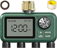 XinFuture 4-Zone Brass Sprinkler Timer for Garden Hose - Programmable with Rain Delay, Manual & Auto Watering for Lawn, Yard, 4 Outlets
