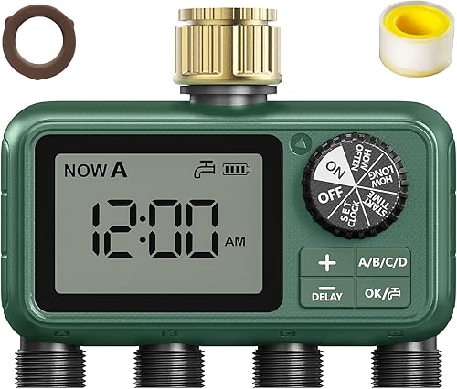 Temporizador de aspersor de 4 zonas con entrada de latón, temporizador de agua programable para manguera de jardín con retardo de lluvia, sistema de