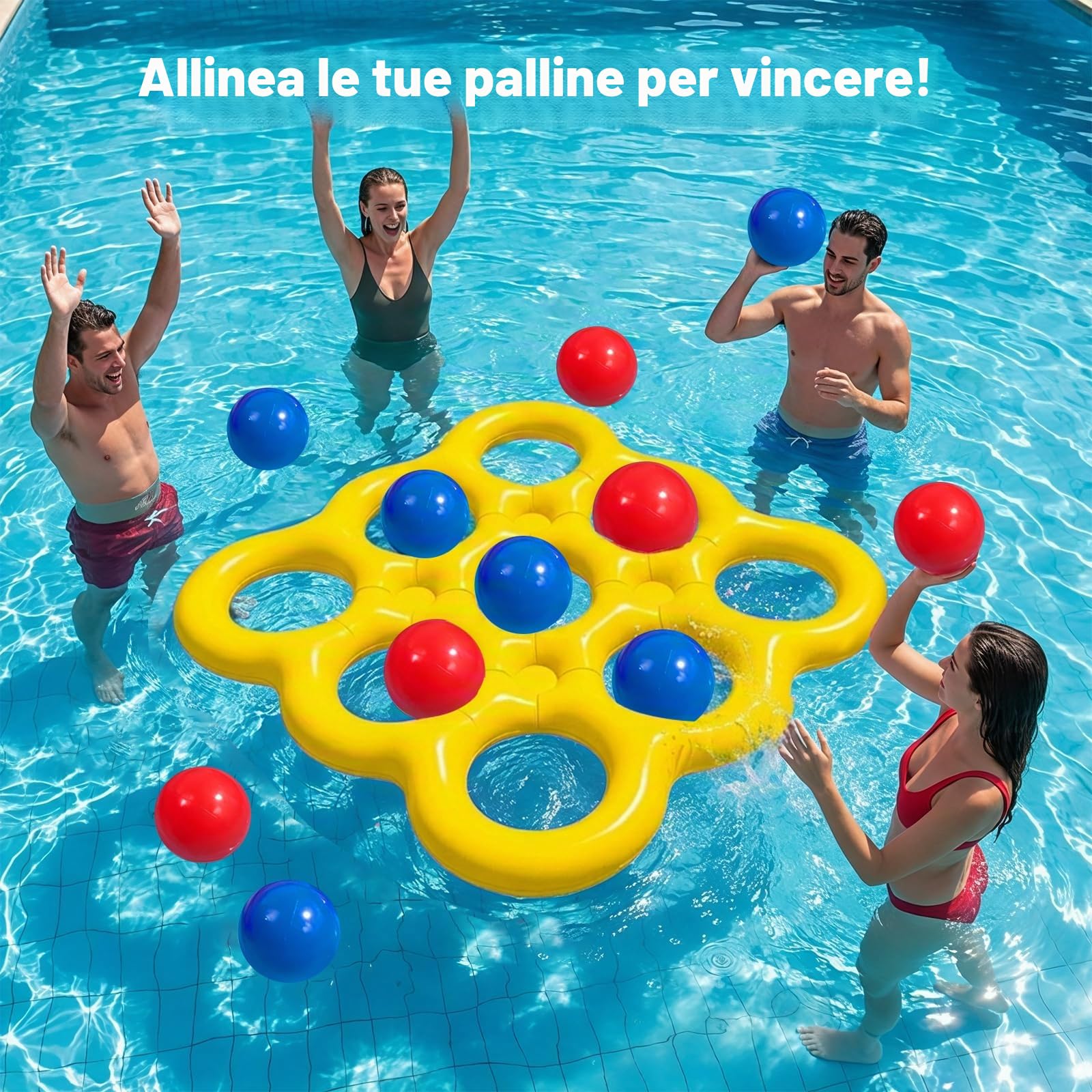 MoKo Set Giochi Acquatici Tic-Tac-Toe per Piscina, Galleggiante Piscina Gonfiabile con 10 Palline, Giochi per Feste in Famiglia Spiaggia Outdoor Adulti Adolescenti Bambini 2-10 Giocatori, Giallo