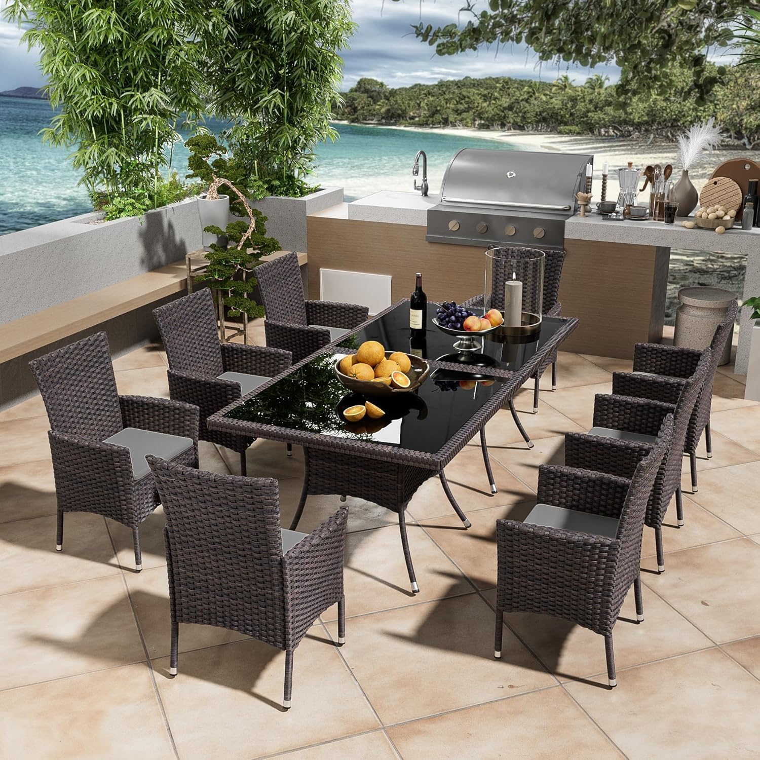 10 Pieces Dining Sets for 8 with Rattan Dining Set Chairs x8 and Square Table Glass Topx2 with Umbrella Cutout, Outdoor and Indoor Set-Grey