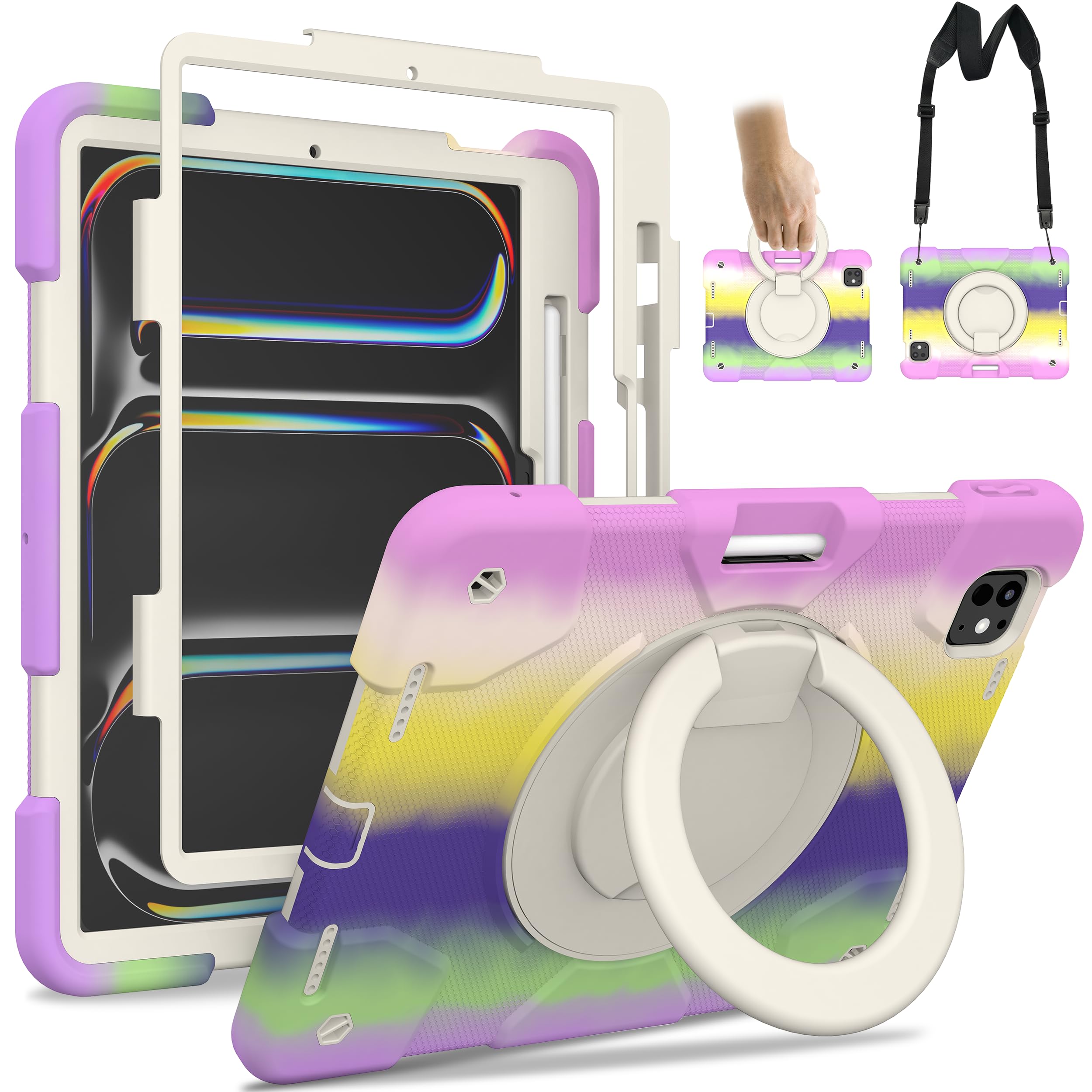 Andnary Case for iPad Pro 11 Inch M4 2024/M5 2025 Case, Heavy Duty Shockproof Cover with Screen Protector/360° Rotate Stand/Shoulder Strap/Pencil