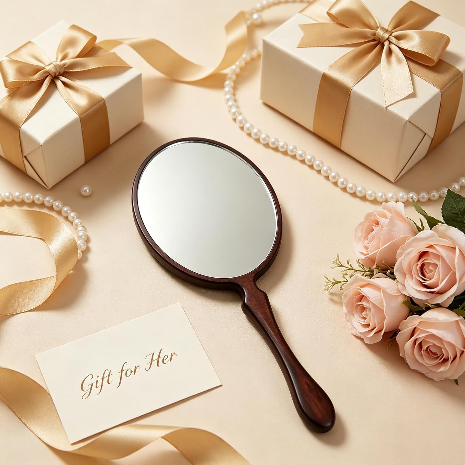 14.4 x 6.1 Inches Walnut Wood Handheld Mirror, HD Clear Distortion-Free Double-Handled Makeup Mirror with Long-Lasting Wood Frame, Elegant Oval Vanity Hand Mirror for Cosmetic, Gifting for Her
