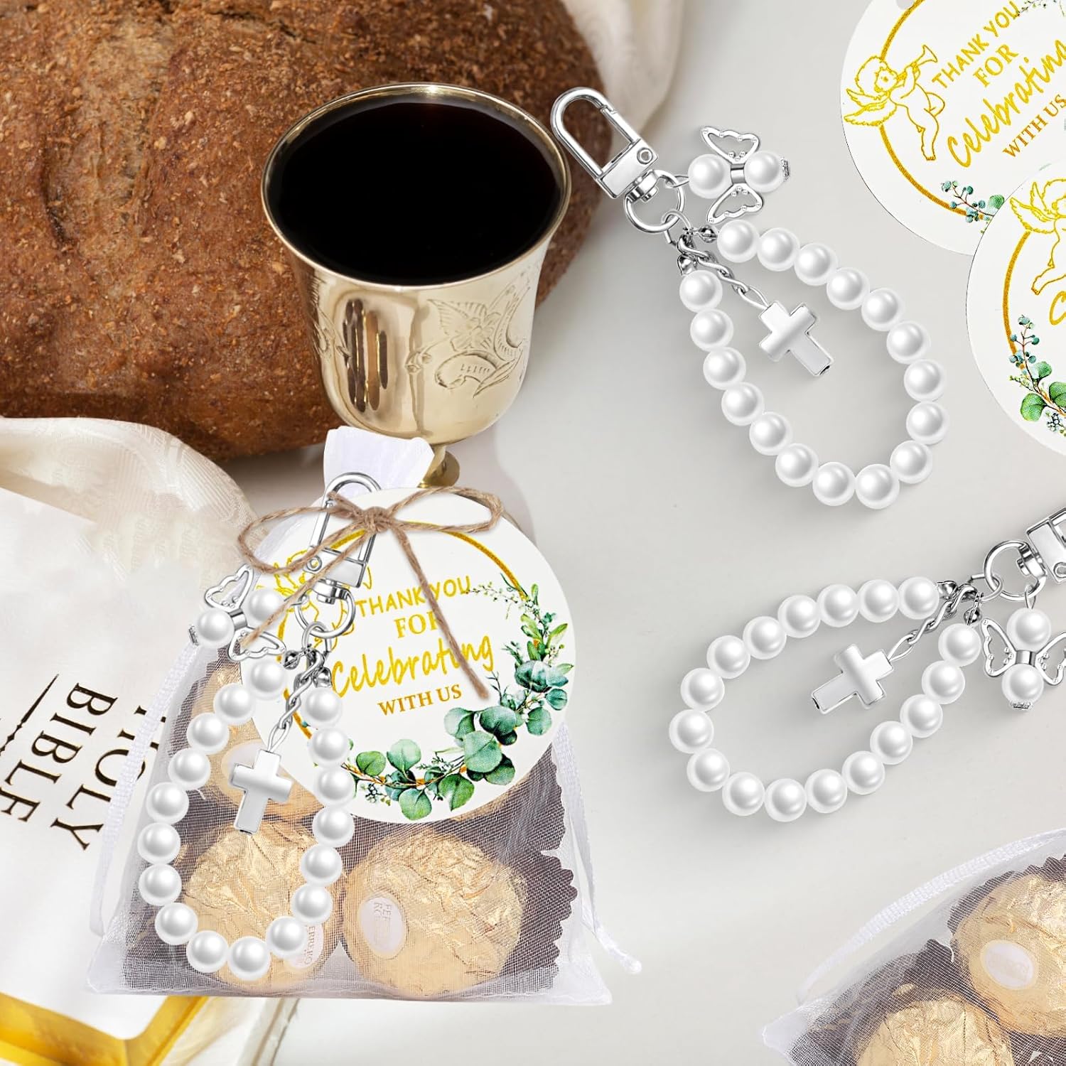 50 Sets Wedding Favors for Guests, Angel Pearl Keychain Wristlets with Thank You Cards Organza Bags Bridal Shower Party Gifts Wedding Souvenirs for Decorations