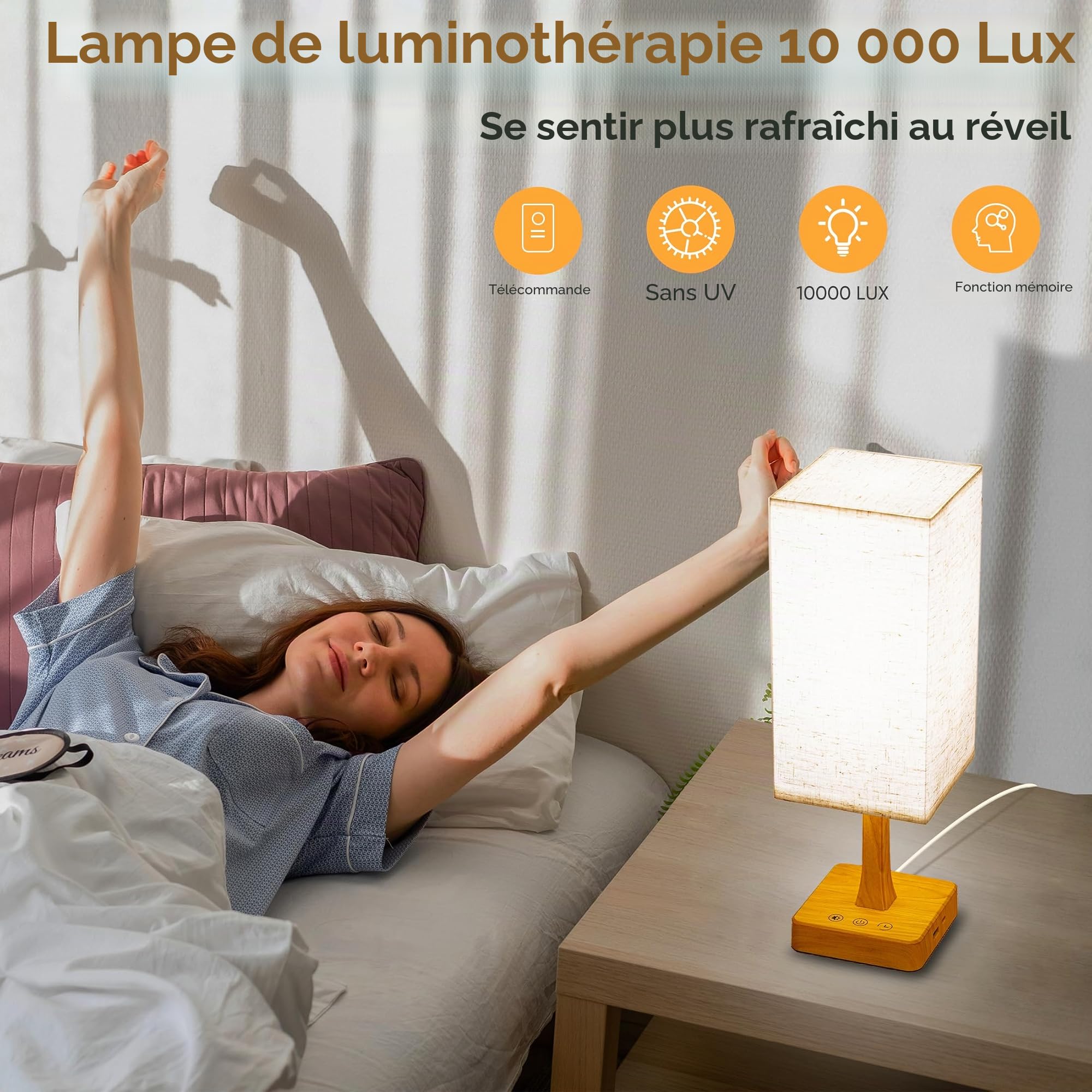 Lampe de luminothérapie, lampe de lumière du jour sans UV 10 000 lux avec 360°, 3 couleurs, 4 niveaux de luminosité et compte à rebours, lampe LED lune pour maison/bureau/décoration, base