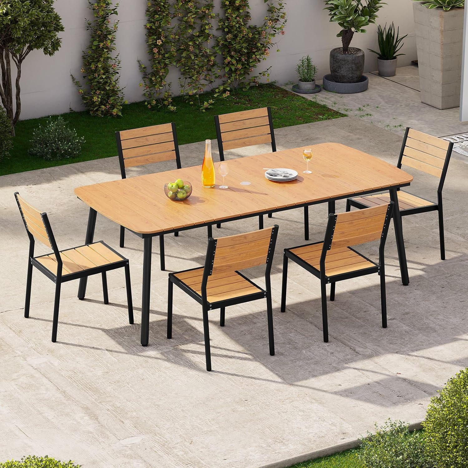 Crestlive Products Outdoor Table and Chairs, 7 Pieces Aluminum Patio Dining Set for 6 with Umbrella Hole 83in All-Weather Woodgrain Outdoor Dining Set for Garden Backyard Poolside, Brown