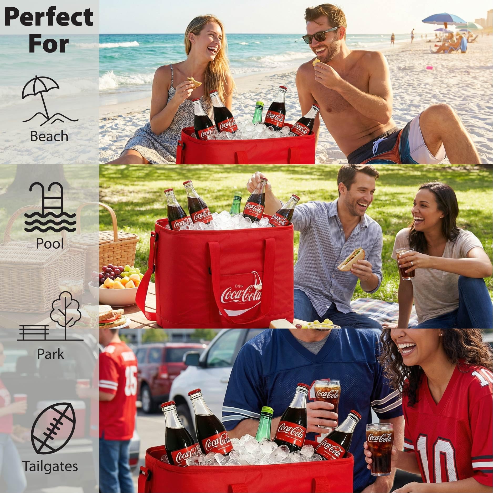 Coca-Cola Tote Bag, 40 Can Capacity Portable Beverage Cooler With Shoulder Strap, Large Soft Cooler For Picnic, Beach, Camping & Travel, Red Coca-Cola Lunch Cooler on Fridge.com - View 5