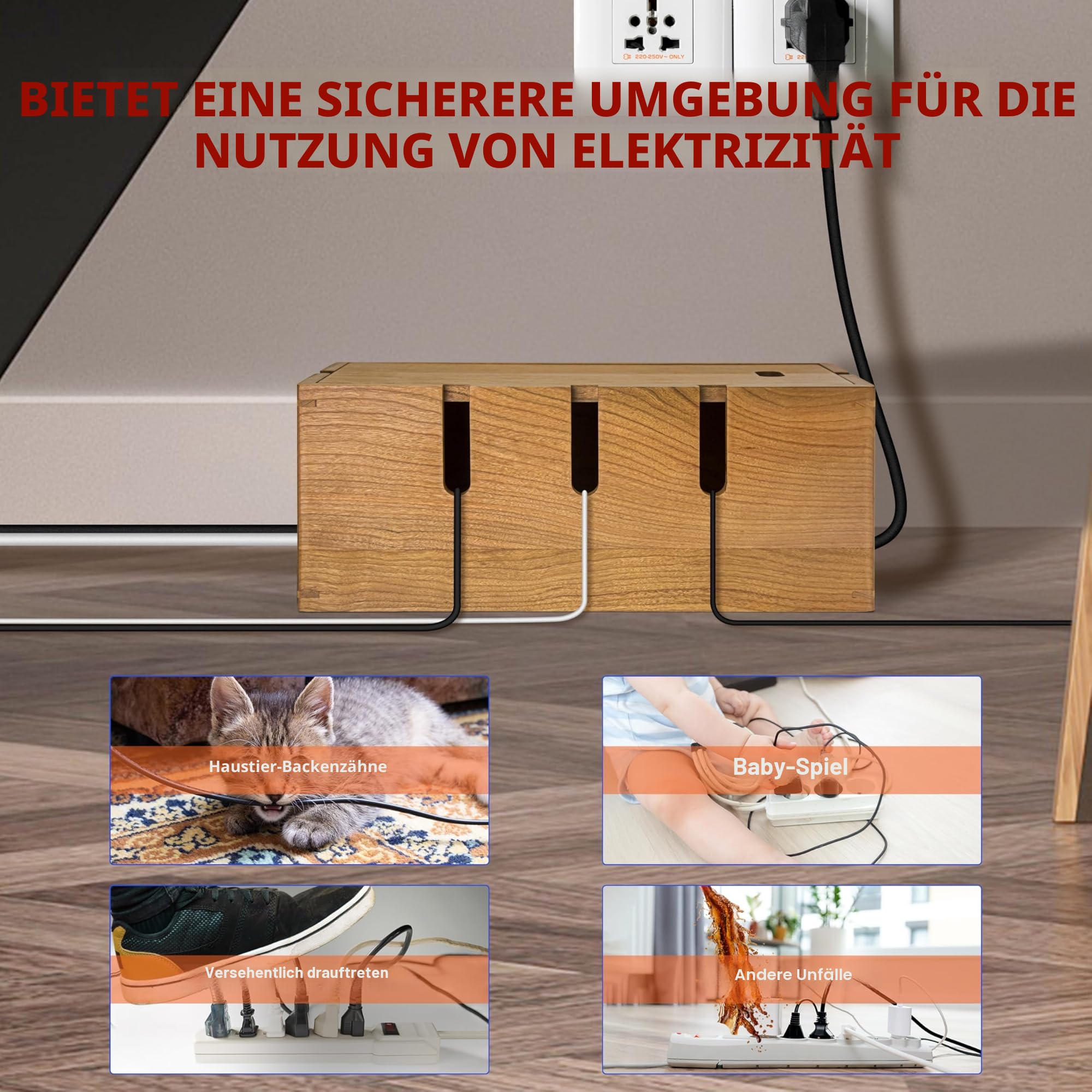 Elitzia Holz-Kabel-Ordnungsbox, groß, Schreibtisch-Kabelmanagementbox, Kabel-Organizer zum Verstecken von unordentlichen Kabeln, Drahtmanagement, natürliches Kirschholz, Kabelaufbewahrung