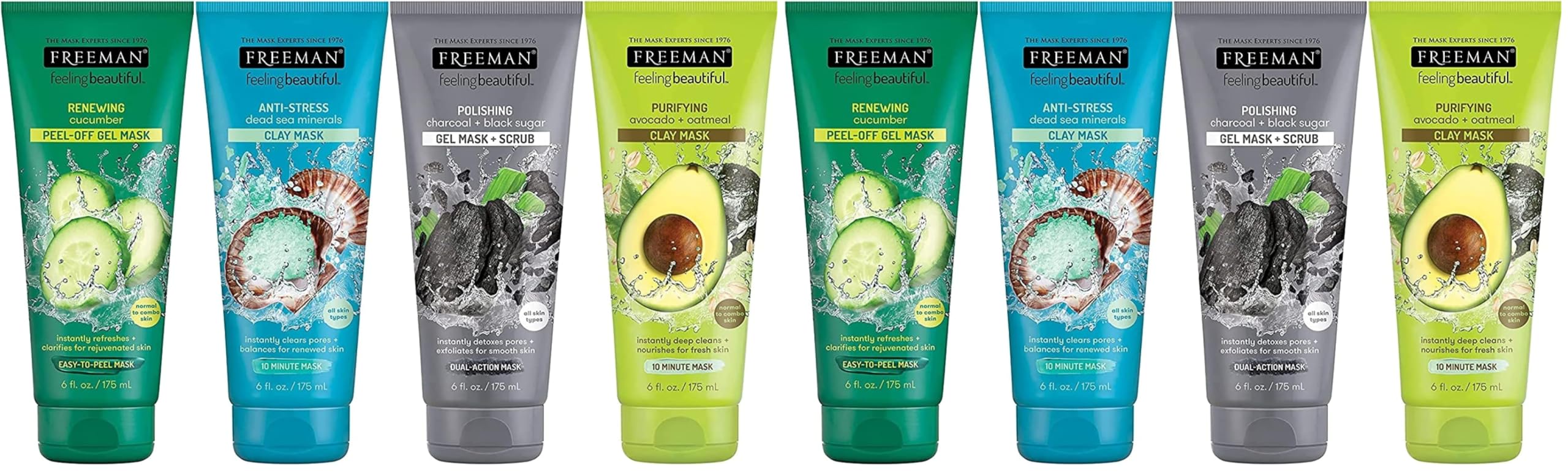 Freeman Facial Mask Variety Pack: Oil-Absorbing Clay, Renewing Peel-Off, Hydrating Gel, Polishing Charcoal Multiuse Face Masks, Variety Mask Set, Vegan & Cruelty-Free Skincare, 6 fl oz Tubes, 8 Pack