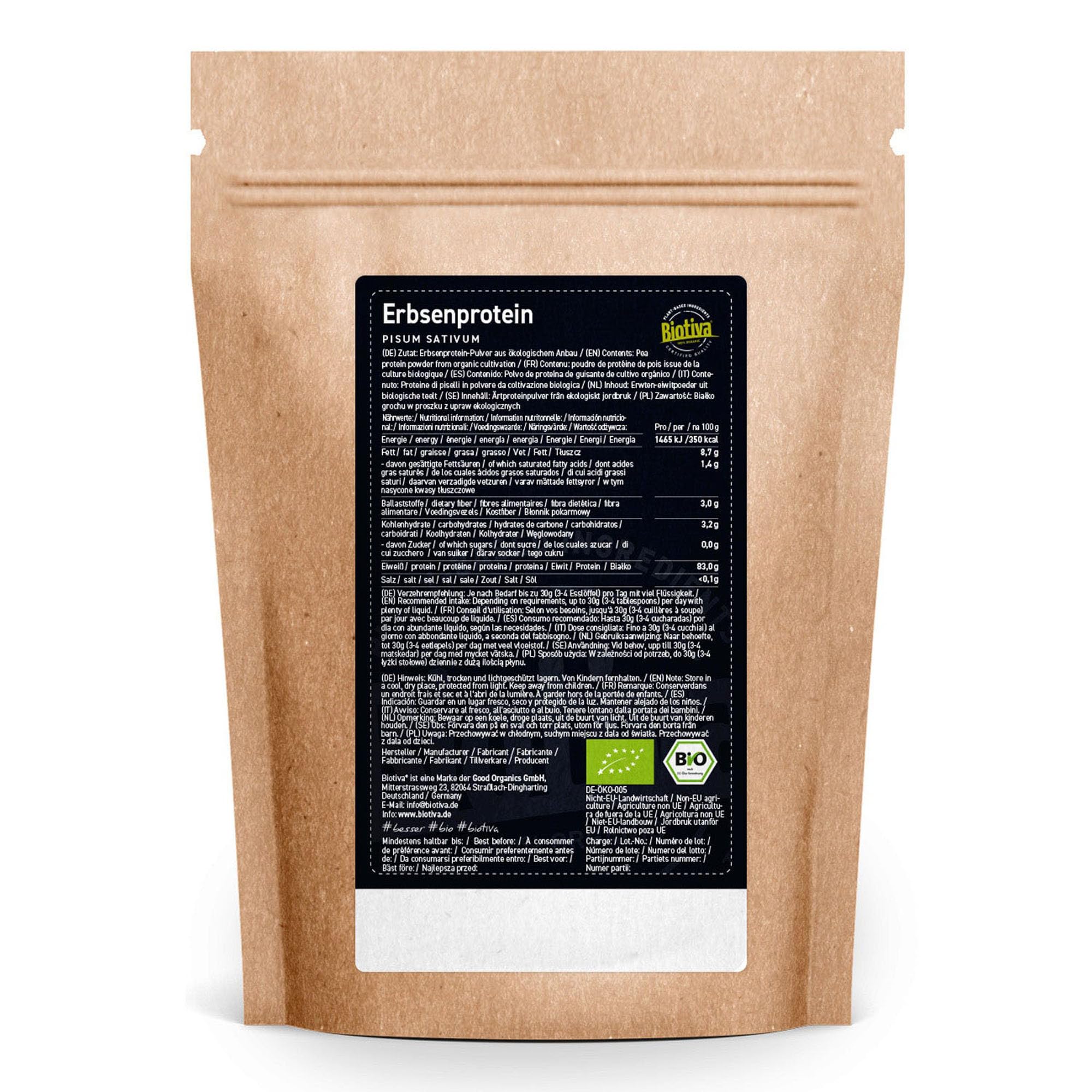 Białko grochu w proszku bio 5 kg (5 x 1 kg) – 83% zawartości białka – 100% izolat białka grochu – najwyższa jakość biologiczna – bez glutenu soi i laktozy – napełniony i kontrolowany w Niemczech