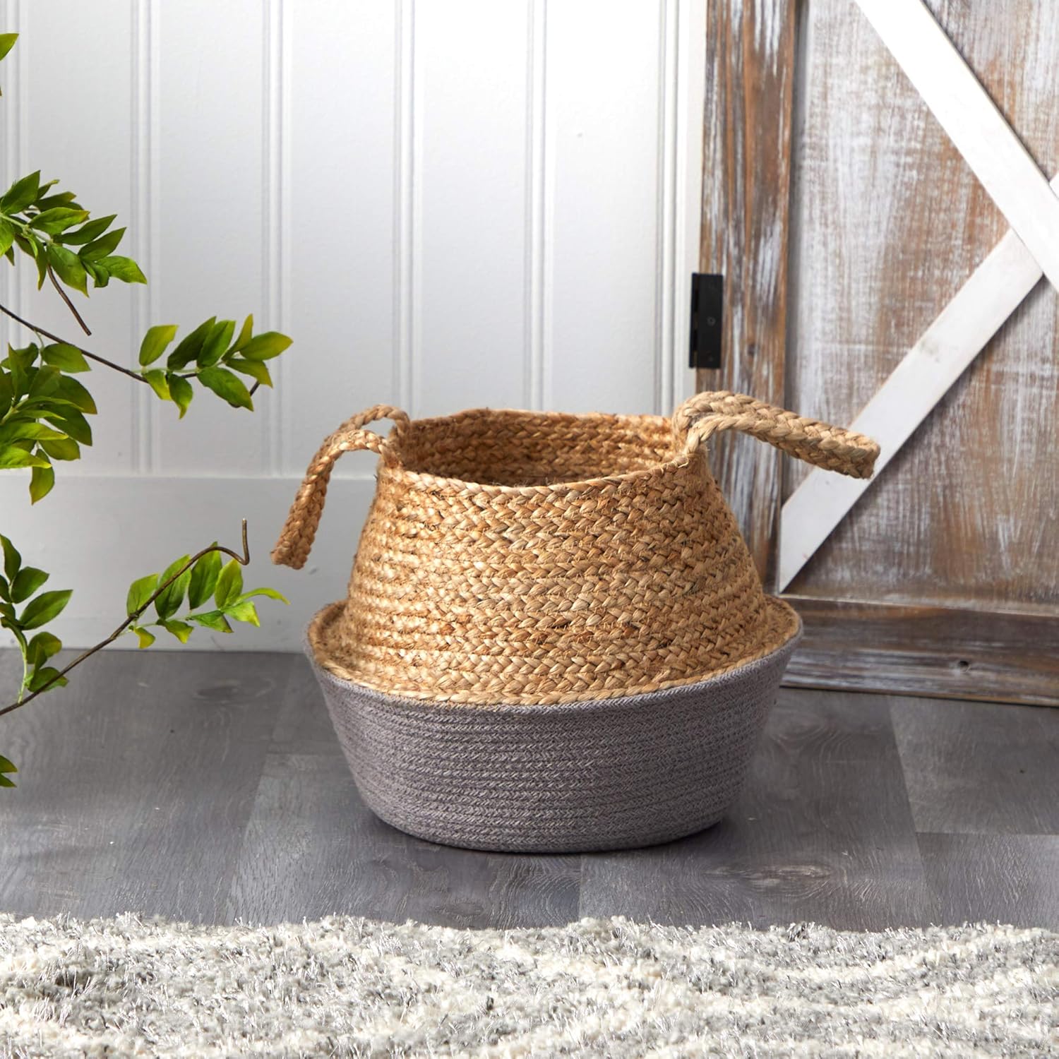 Nearly Natural 14in. Boho Chic Handmade Cotton & Jute Gray Woven Basket Planter