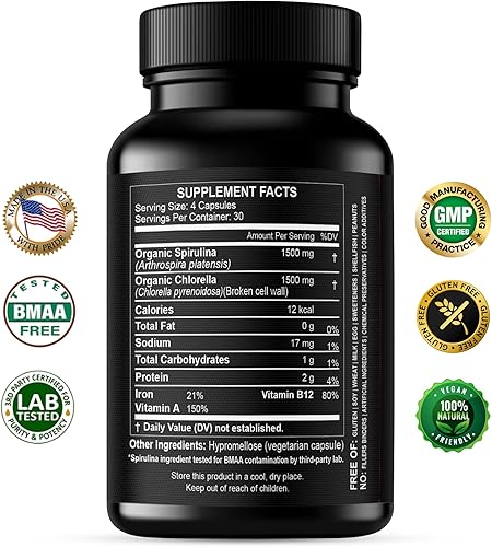 Miniatura 2 de Chlorella Spirulina Powder Capsules Organic  3000 mg de algas azules verdes puras sin BMAA  Mejor proteína vegana cruda verde superalimento pared