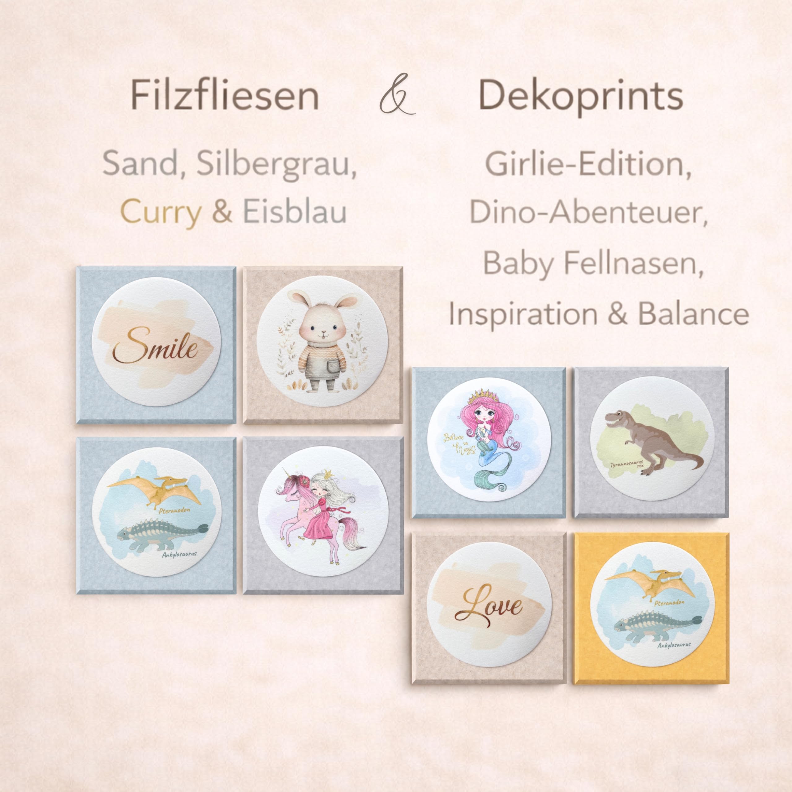 BERLIG Runde Filz Dekoprints Ø 33 cm – Selbstklebende Filzbilder Wanddeko – 3er Set – Runde Filz Wandbilder für Kinderzimmer, Wohnräume & kreative Wandgestaltung (Baby Fellnasen)