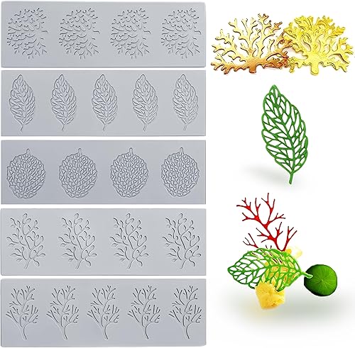 Moldes de fondant 5 moldes de silicona para hojas de ramas de coral 3D, moldes de encaje, moldes de chocolate, moldes de arcilla polimérica