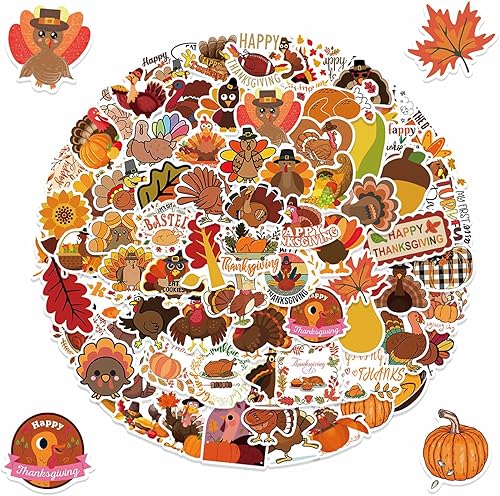 Miniatura 1 de Calcomanías de Acción de Gracias, paquete de 100 unidades, calcomanías de otoño de calabaza, pavo, impermeables, lindas calcomanías estéticas para