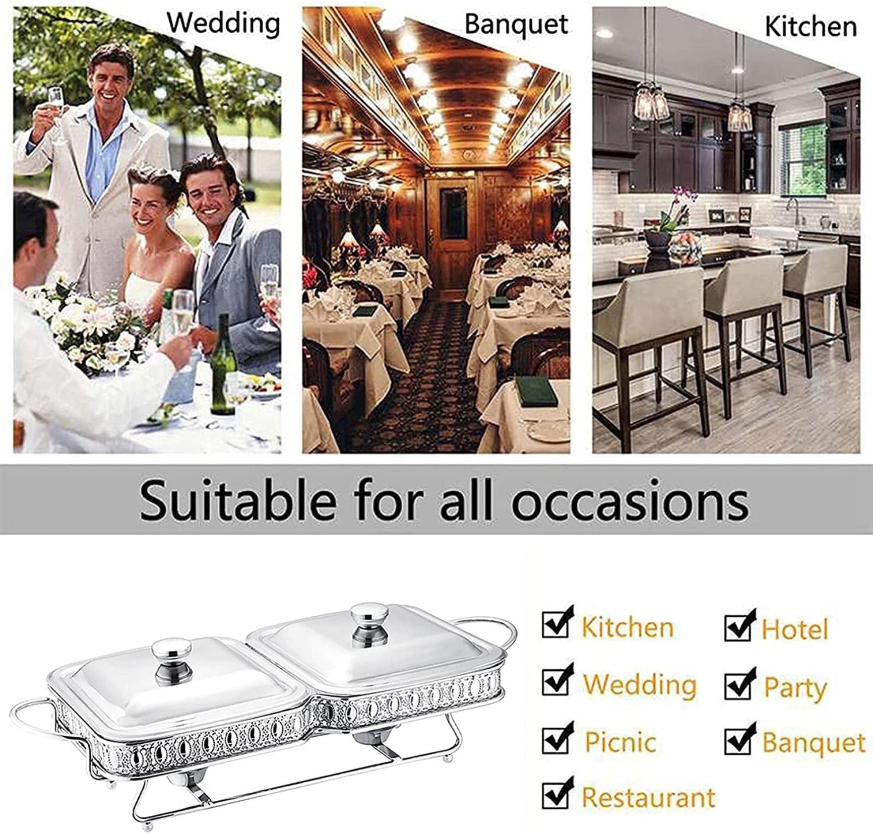 Chafing Dish Quadrato in Acciaio Inox da 3,6 QT,Set Scaldavivande per Buffet/Pentola per Alimenti,Coperchio,Supporto Solido E Porta-Combustibile,Argento,Silver