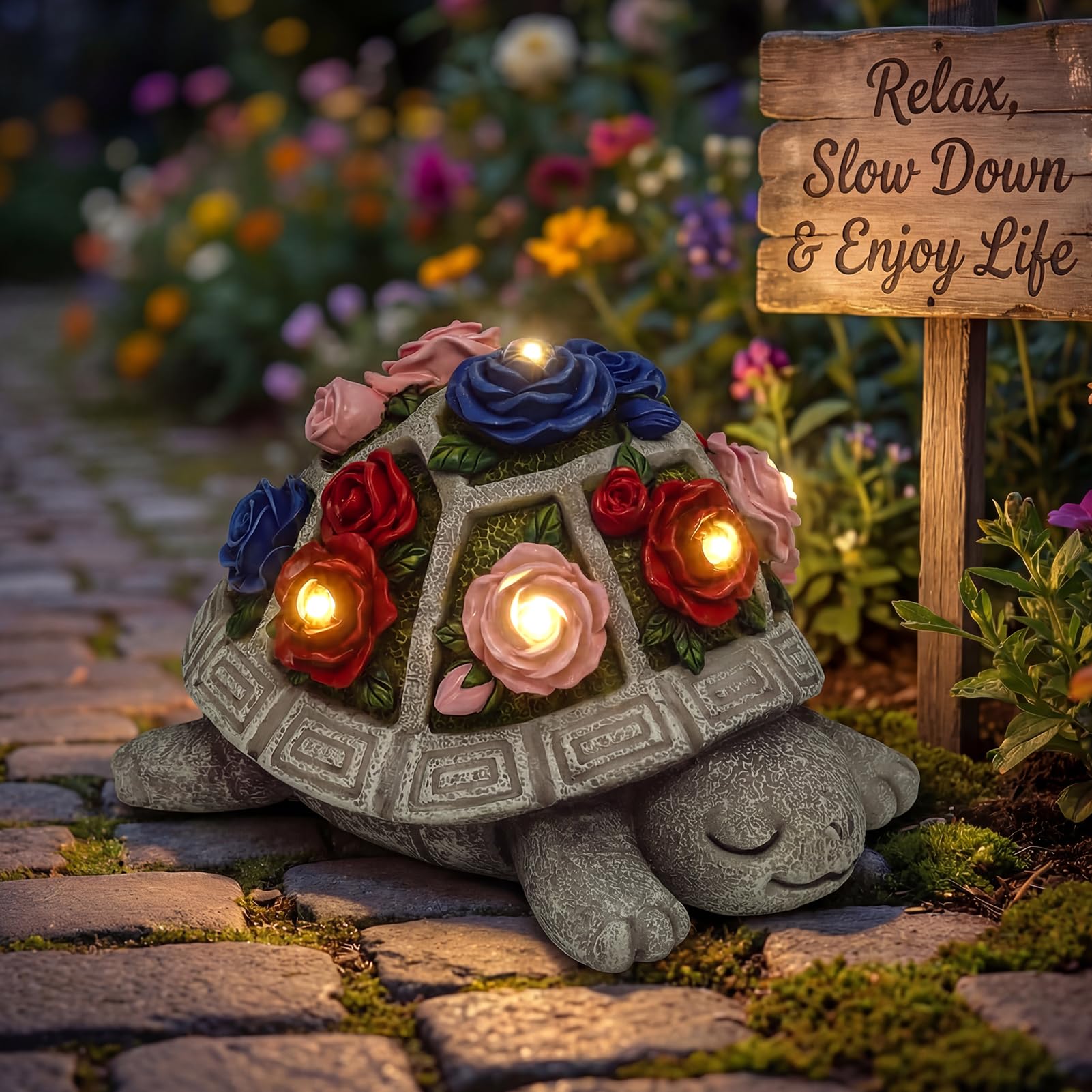 Solar Turtle Garden Statue Outdoor Decor, Red Rose with 7 LED Lights view 6