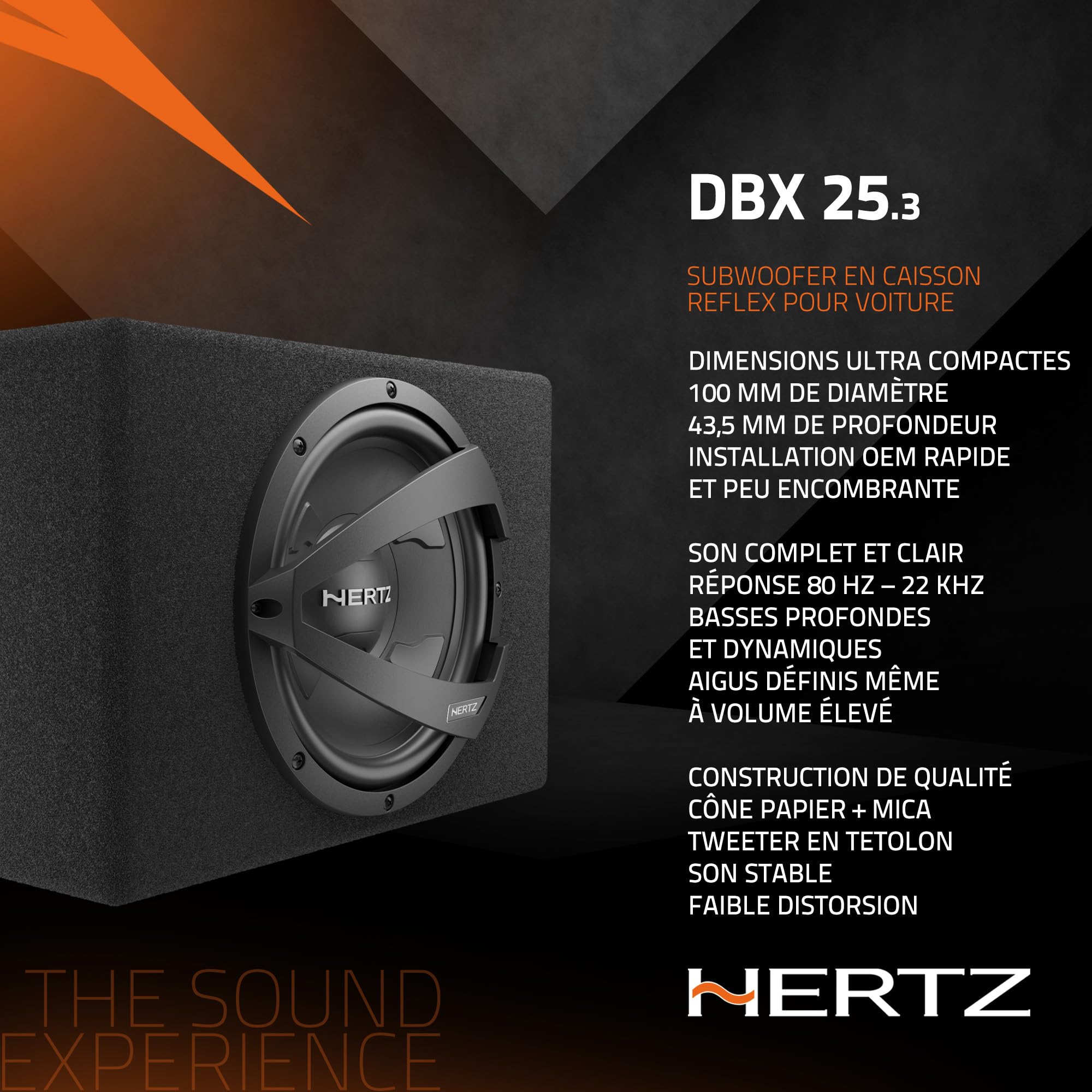 Hertz DBX 25.3 subwoofer en Caisson Bass-Reflex 250 mm, 600 W | 10 pouces, polypropylène avec mica, 150 W RMS, Xmax 9 mm, 32-400 Hz, aimant ferrite
