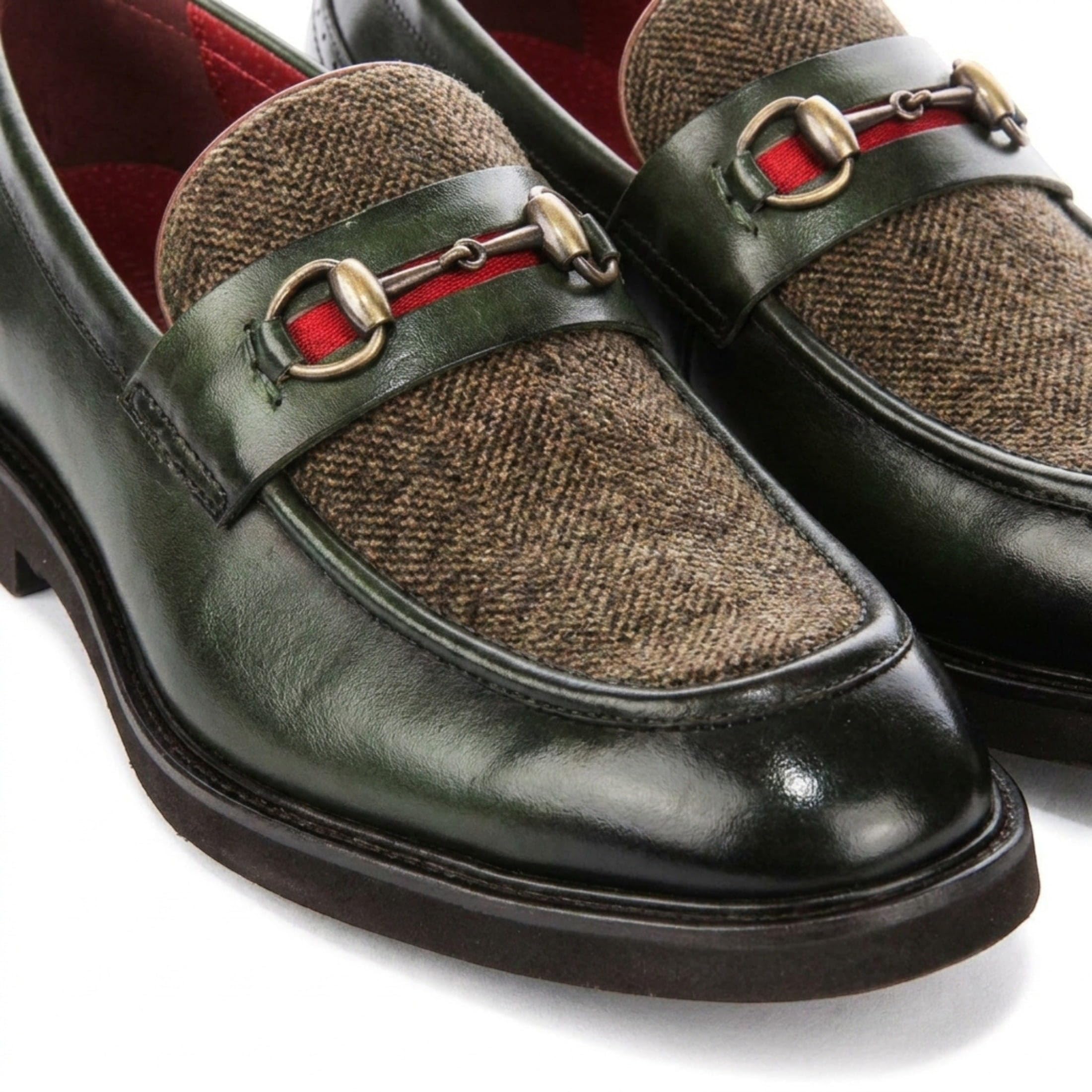 Mocassini da Uomo Justin Reess Tristian in Pelle con Motivo a Spina di Pesce e Tweed, Scarpe Formali e Casual.