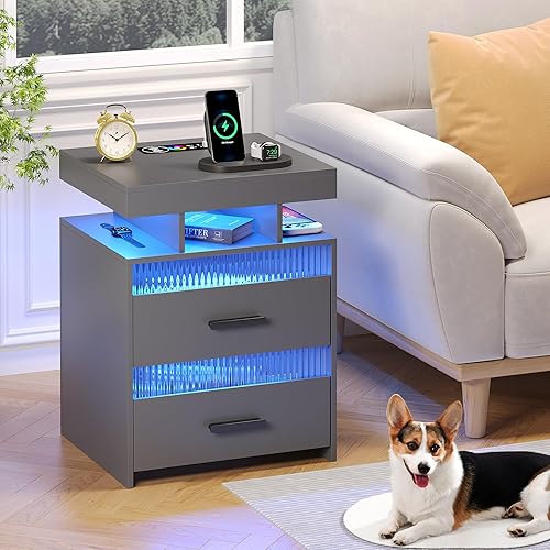 Miniatura 7 de HWB Mesita de noche inteligente RGB con estación de carga inalámbrica USBtipo C y luces LED con sensor humano, mesa de sofá moderna para sala de