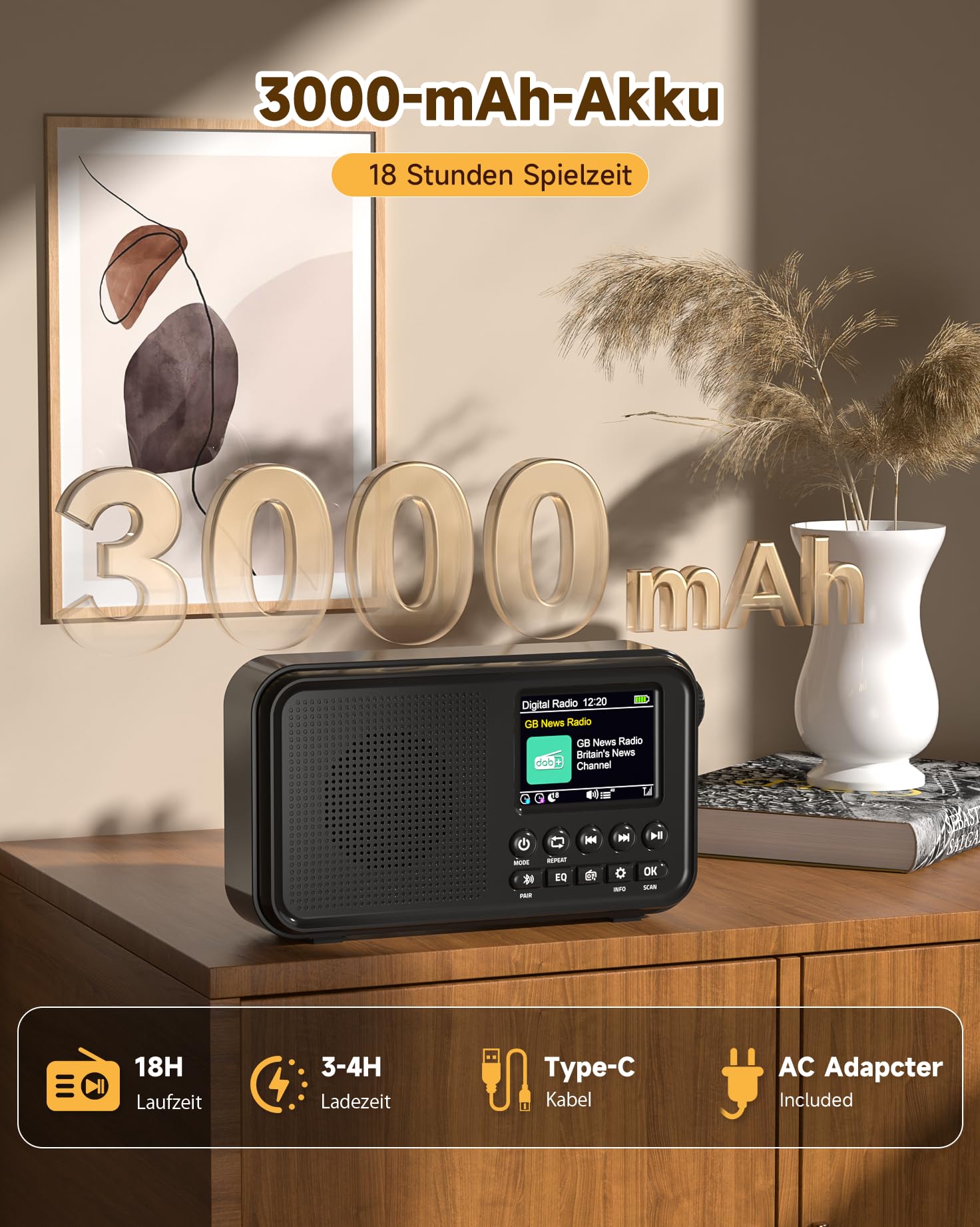 Roxicosly Tragbares DAB/DAB+ Radio, 80 Voreingestellte, UKW Digital Radio mit 3000-mAh Akku, Küchenradio mit Bluetooth 5.0, EQ-Modi, Sleep-Timer, Snooze, TF/3,5-mm AUX Anschluss, Doppelalarm