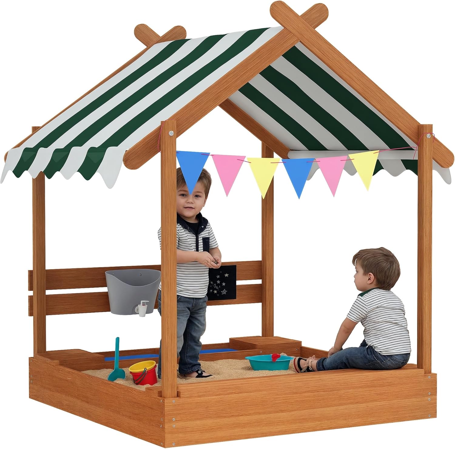 Outsunny Wooden Children's Sandbox with 2 Seats, Awning, 6 Pennants, 2 Removable Trays, Tap and Slate for Patio, Garden, 124 x 116 x 146 cm, Orange