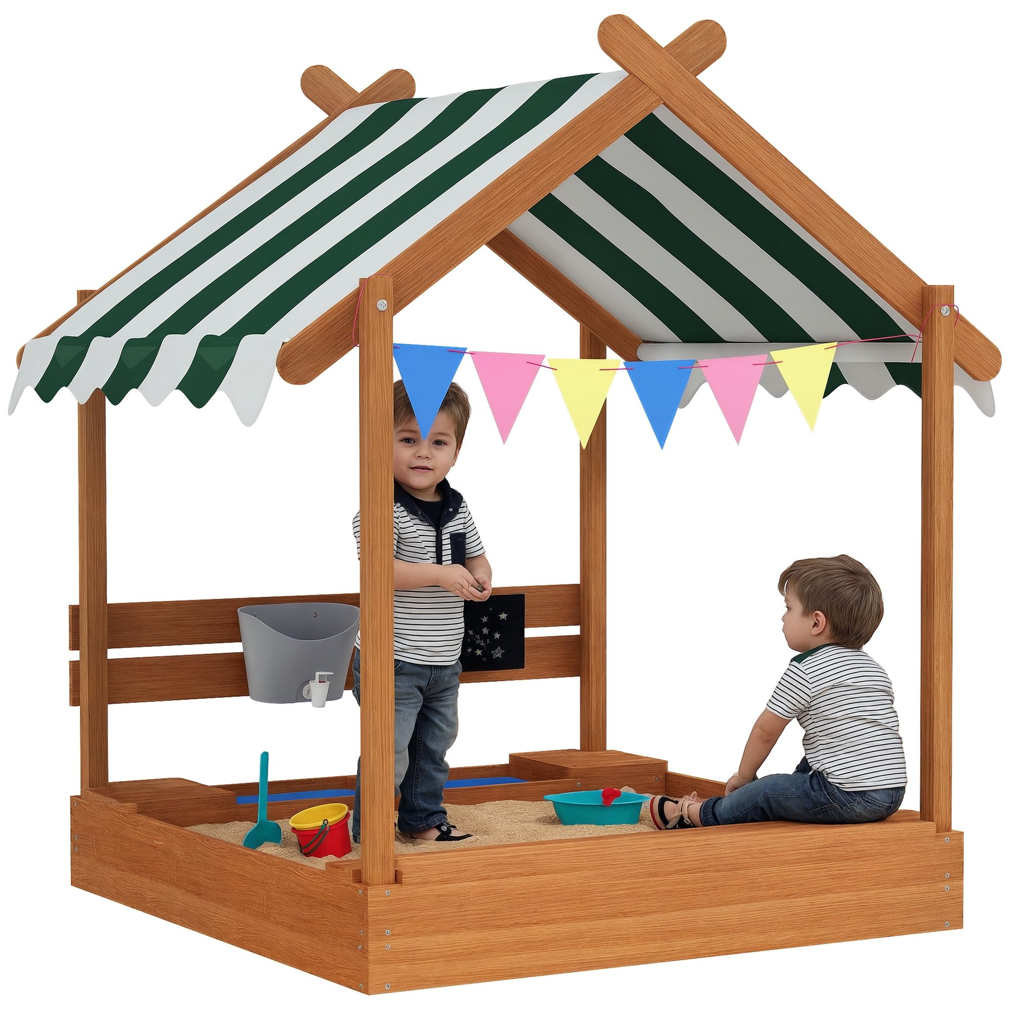 Outsunny Children's Wooden Sandbox with 2 Seats and Orange Canopy