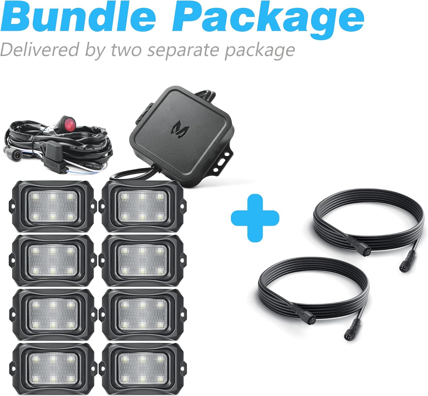 MICTUNING 8 Pods C2 Curved RGBW LED Rock Lights Kit Bunlde with 10FT 5Pin Extension Wire Cable Cord