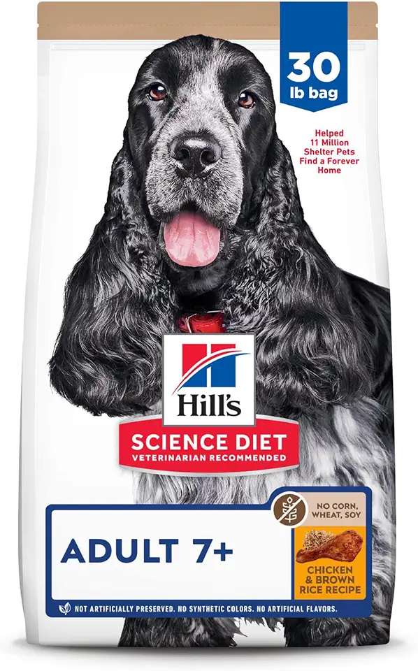 Hill's Science Diet Adult 7+, Senior Adult 7+ Premium Nutrition, Dry Dog Food, No Corn, Wheat, Soy Chicken &amp; Brown Rice, 30 lb Bag