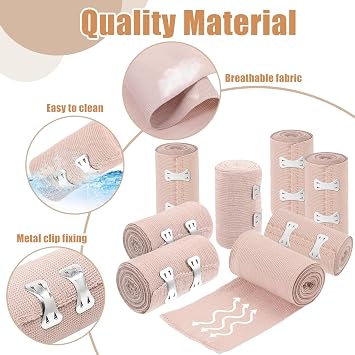 8Pcs Premium Compression Bandage, Elastic Bandage Wrap with Self-Closures for Wrist Ankle Hand Knee Elbow Shoulder Feet Injuries Washable and Reusable 10CM Width 1.7M Length Stretches up to 4.5M