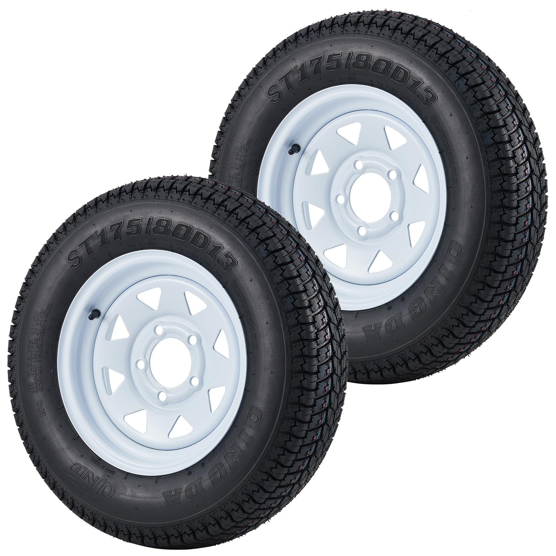 ST175/80D13 trailer tires with 13 inch rims set of 2 white wheels 5 lug 4.5