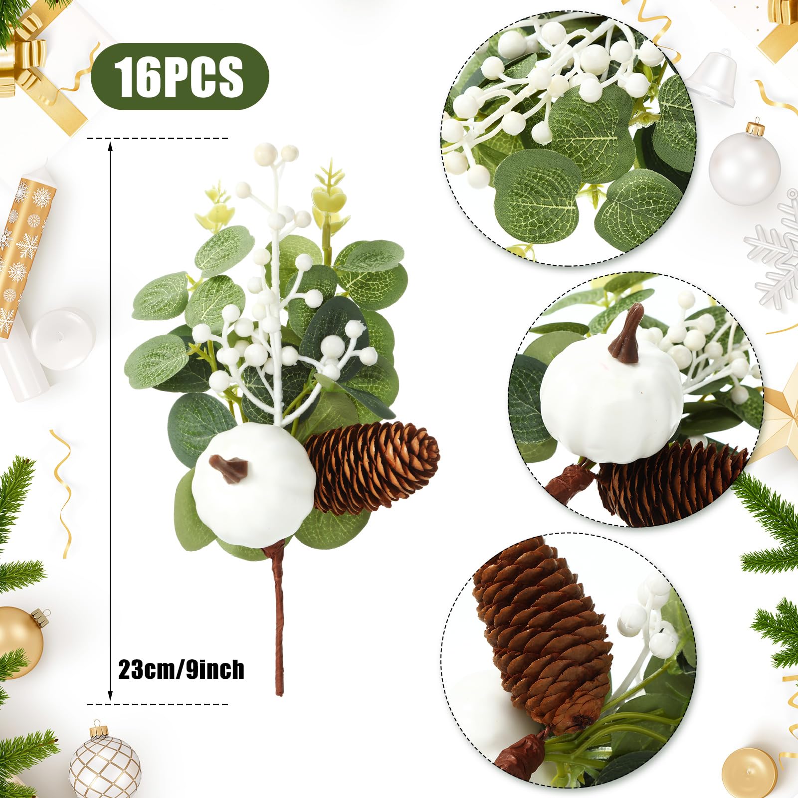 Cindeer 16 Pcs Fall White Pumpkin Picks Artificial Eucalyptus Leaves Stems Pinecones Berries 9 Inch Thanksgiving Day Flower Arrangements for Christmas Wedding Crafts Home Table Centerpiece Decoration