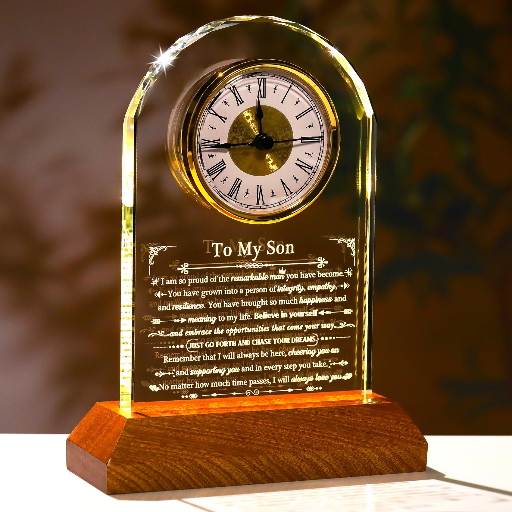 Ornalrist Son Crystal Clock Gifts from Mom Dad with Wooden Light Base
