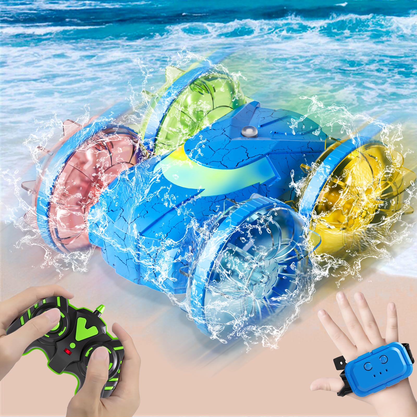 Amphibious RC Stunt Car - 360 Rotation w/ LED Lights - Gesture Sensor & Type-C Charging for 3-12 Year Old Boys & Girls Gifts