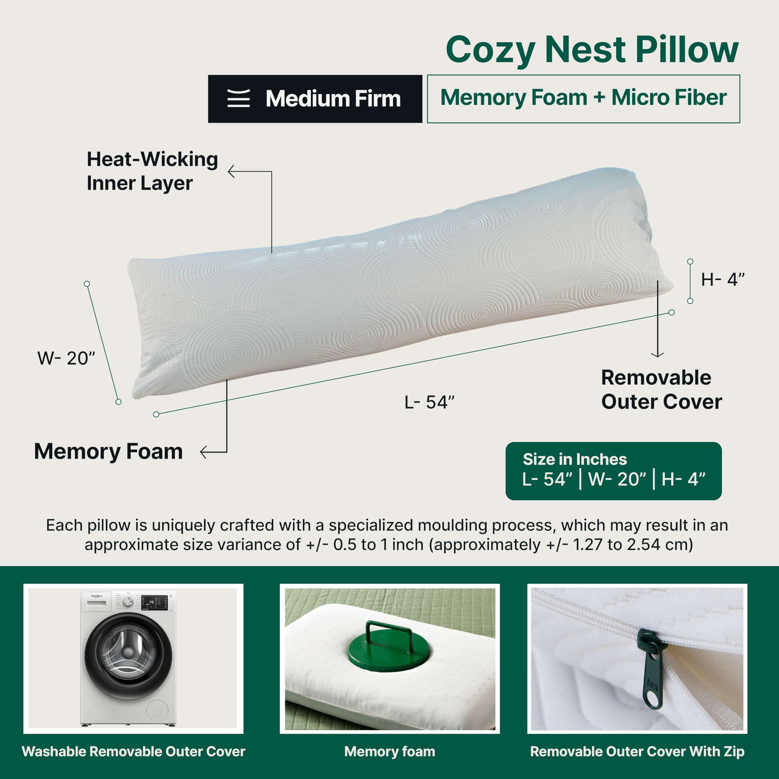 The White Willow Full Body Hug Sleeping Pillow Memory Foam & Micro Fiber for Body Support; Pregnancy Long Pillow for Bed, Side Sleeper with Washable Cover (54" L x 20" W Inches)- White 3