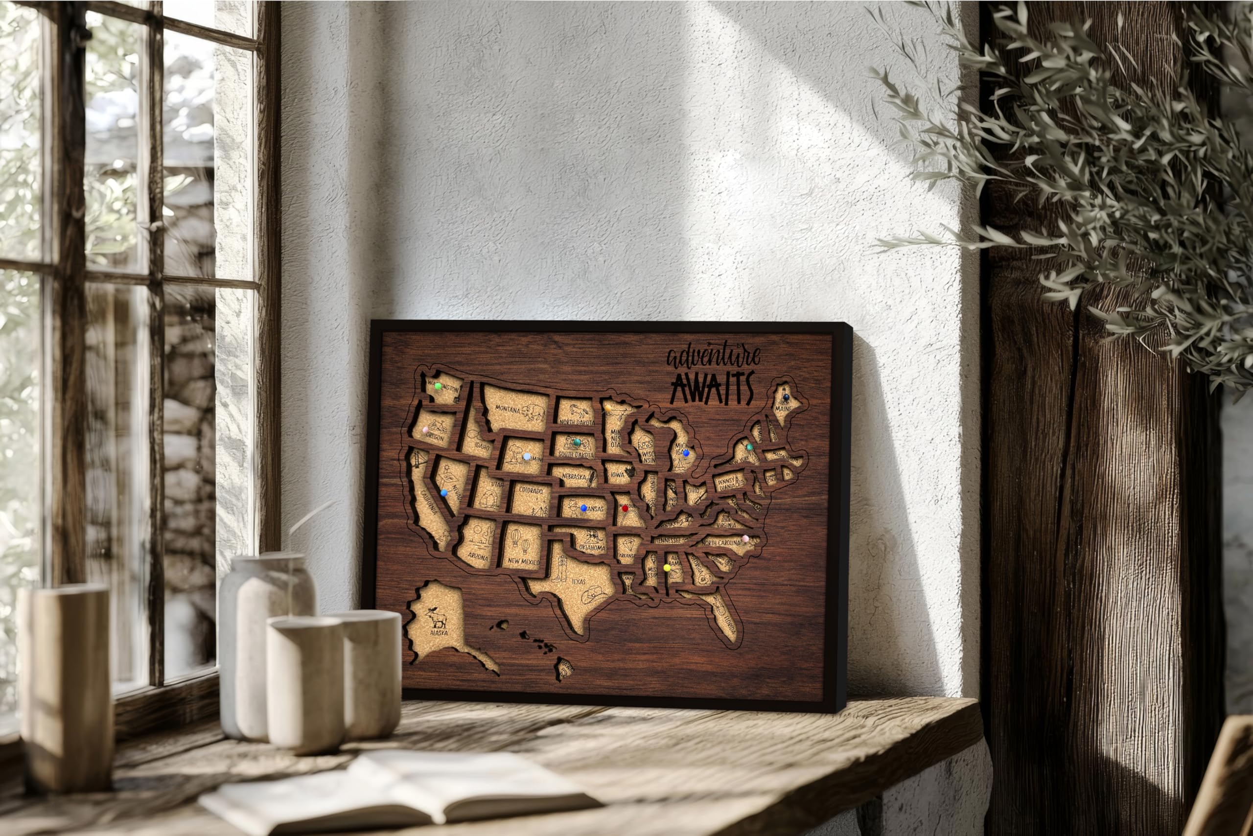 flinelife Mapa de viaje de corcho con alfileres, 16 x 12 pulgadas, tamaño grande, mapa de Estados Unidos, perfecto para parejas y familiares