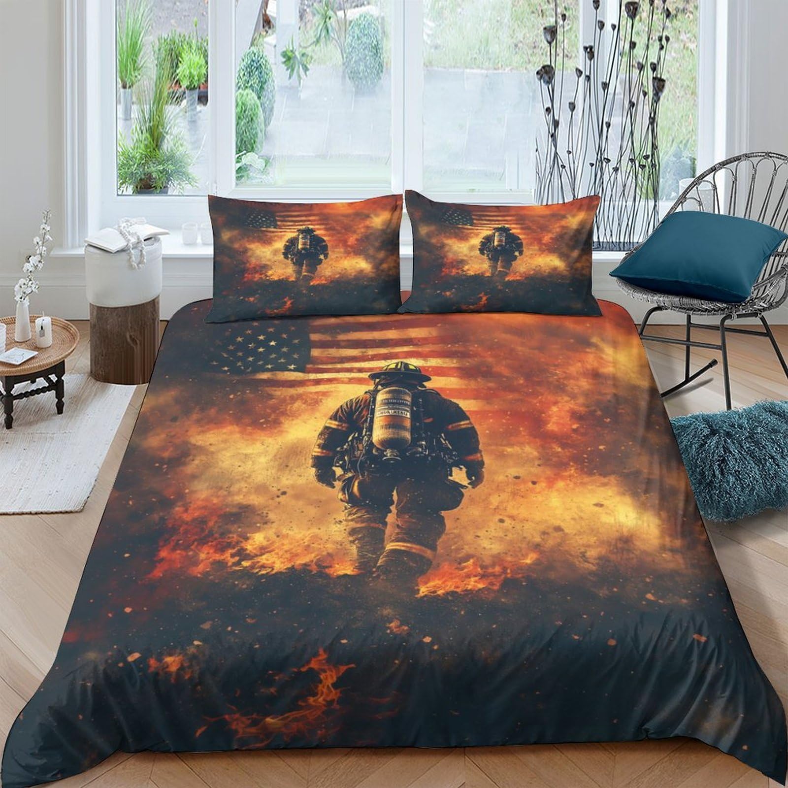 Ctjqhvkz Style-8 3D Printed Firefighter Scene Fitted Sheet Microfiber Soft Anti-Slip Bed Cover For Bedroom Guest Room Decor Easy Care Single（135X200cm）