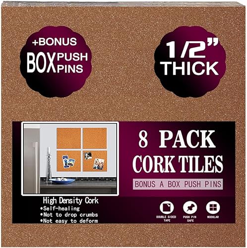 Azulejos de corcho de 12 x 12 pulgadas  12 pulgada de grosor  Paquete de 8 azulejos de corcho  Tablero de anuncios  Mini pared (paquete de 8