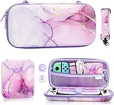 RHOTALL Carrying Case for Nintendo Switch/Oled, Portable Hard Shell Marble Travel Storage Case with 12 Slots Card Case, Screen Protector, Adjustable Shoulder Strap and 2 Thumb Caps (Purple)